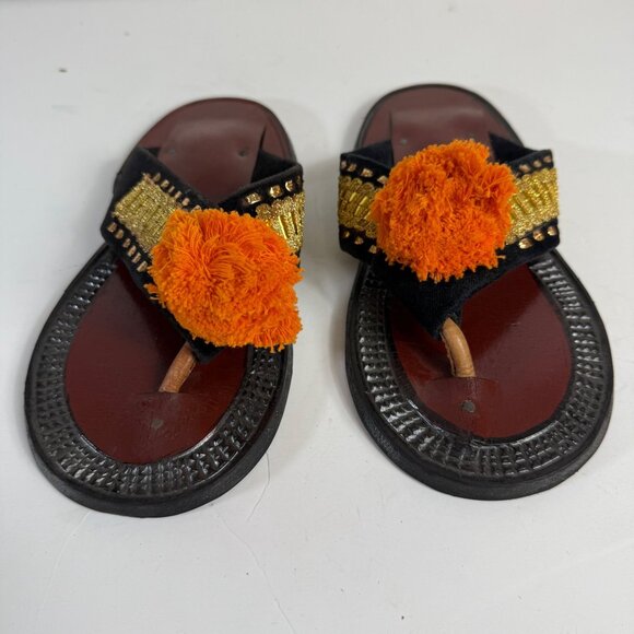 Traditional Ethnic Ahenema Sandals Size 8 Leather Slippers Orange Pom Ghanaian - Picture 15 of 16